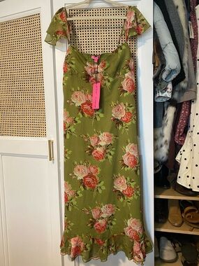 Olive Green Floral Maxi Dress with Ruffle Hem and Sweetheart Neckline